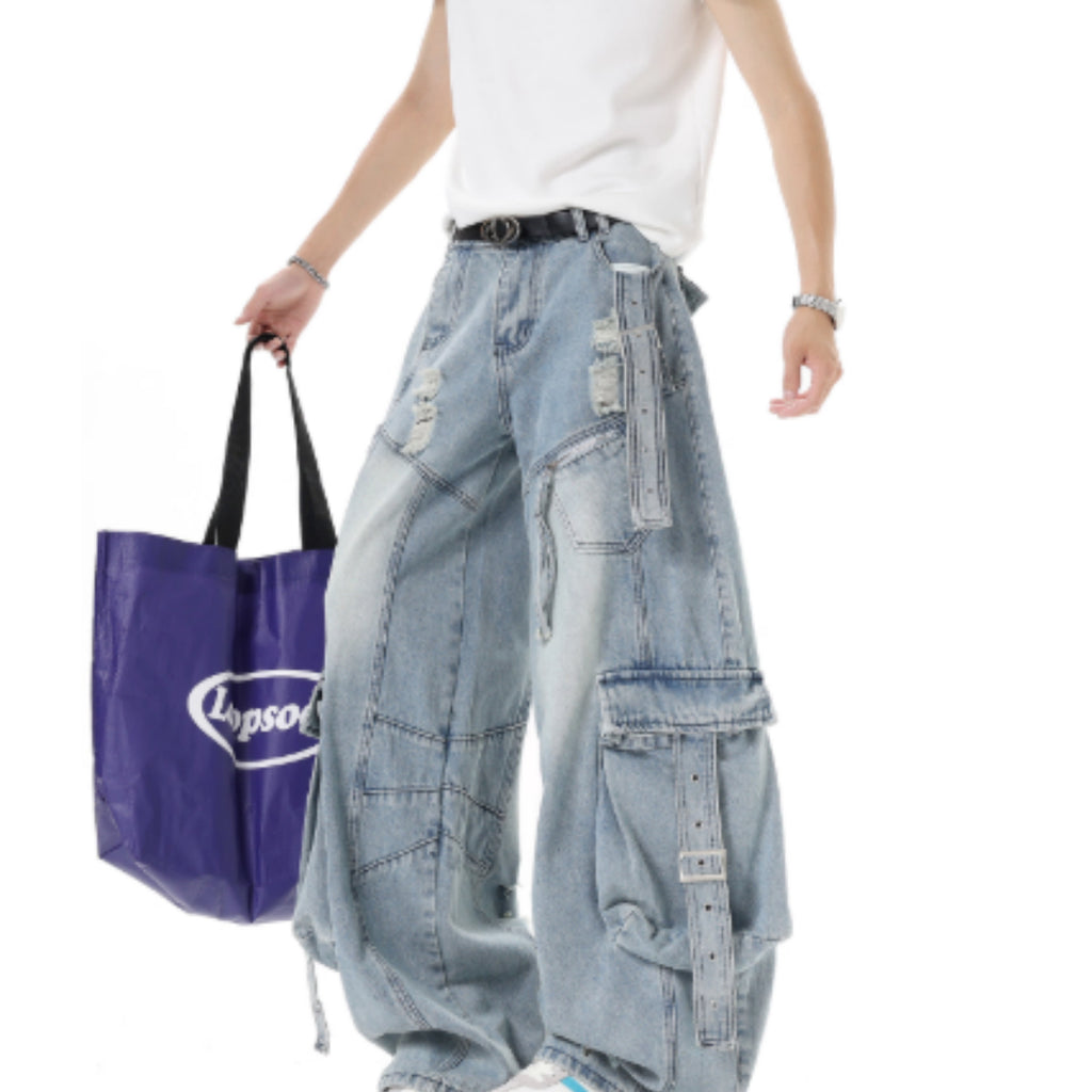 American Heavyweight Deconstructed Ribbon Cargo Jeans For Men And Women