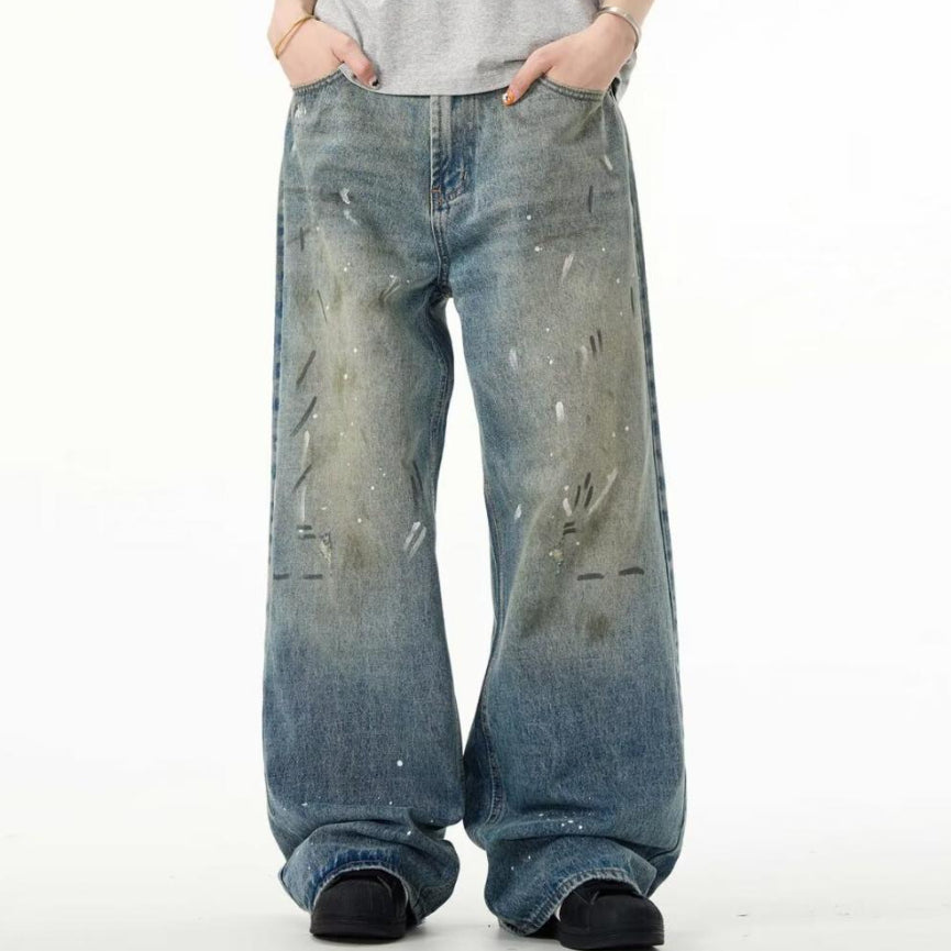 Splash-ink Jeans Men's Retro Washed Distressed Baggy Straight Trousers