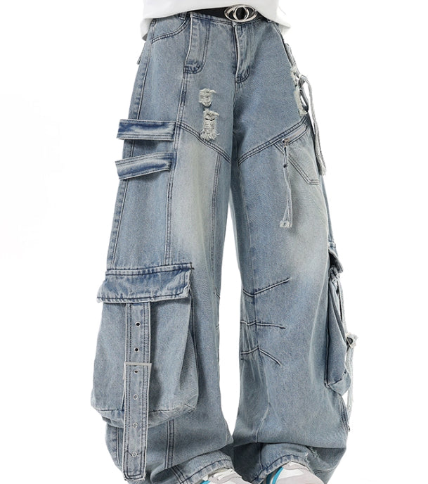 American Heavyweight Deconstructed Ribbon Cargo Jeans For Men And Women