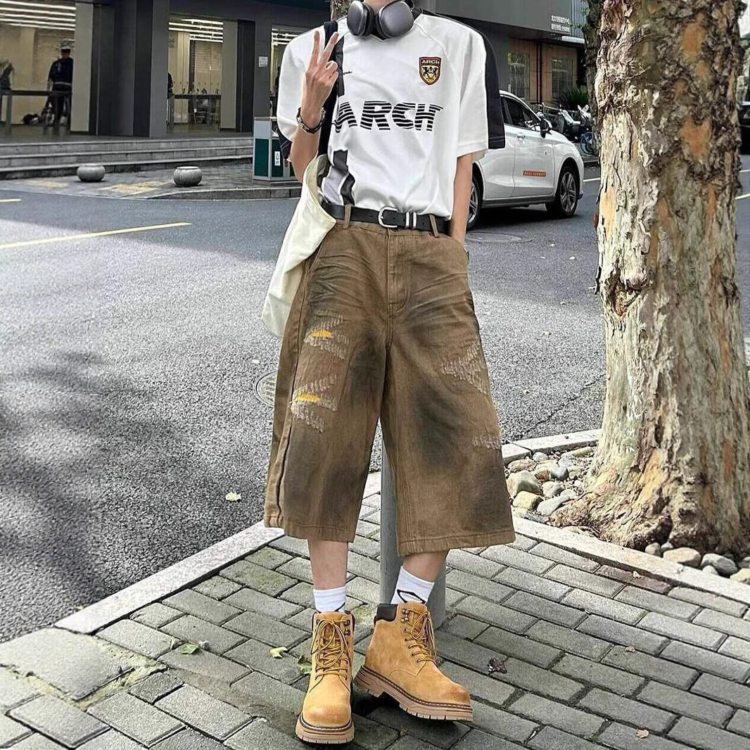 Washed Old Niche Design Straight Baggy Denim Shorts