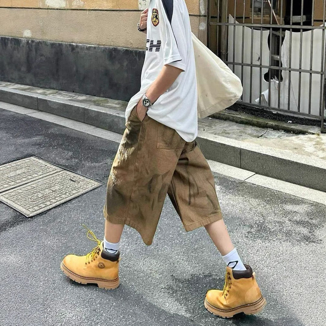 Washed Old Niche Design Straight Baggy Denim Shorts