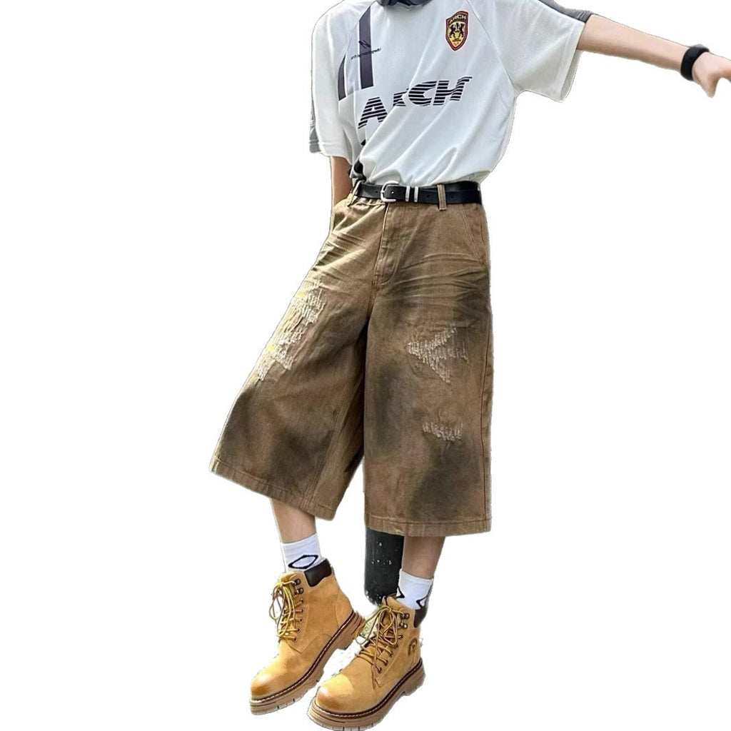 Washed Old Niche Design Straight Baggy Denim Shorts