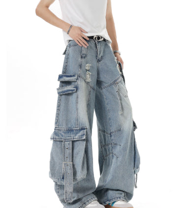 American Heavyweight Deconstructed Ribbon Cargo Jeans For Men And Women